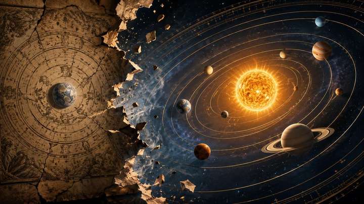 天動説的な宇宙観が崩れ、太陽中心の惑星軌道が現れるイメージ