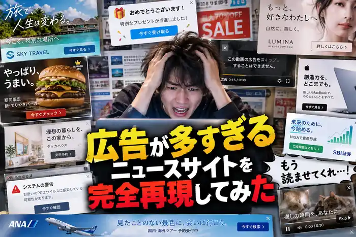 大量の広告に囲まれて困惑する人物を描いた、広告が多すぎるニュースサイトの記事アイキャッチ