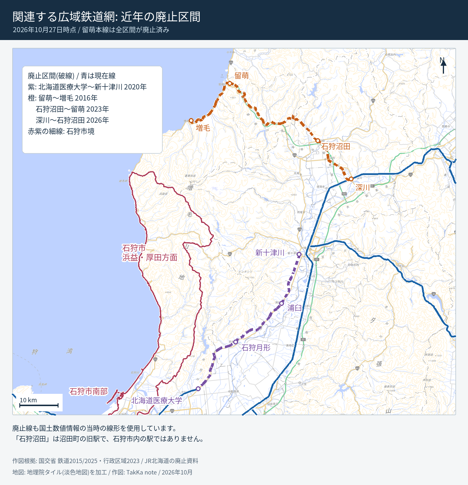 札幌北方・日本海沿岸の鉄道廃止区間と現在線