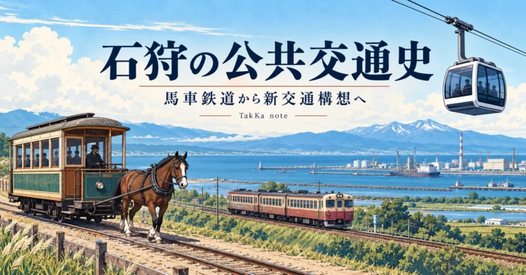 馬車鉄道、鉄道、新交通構想を組み合わせた石狩の公共交通史のイラスト