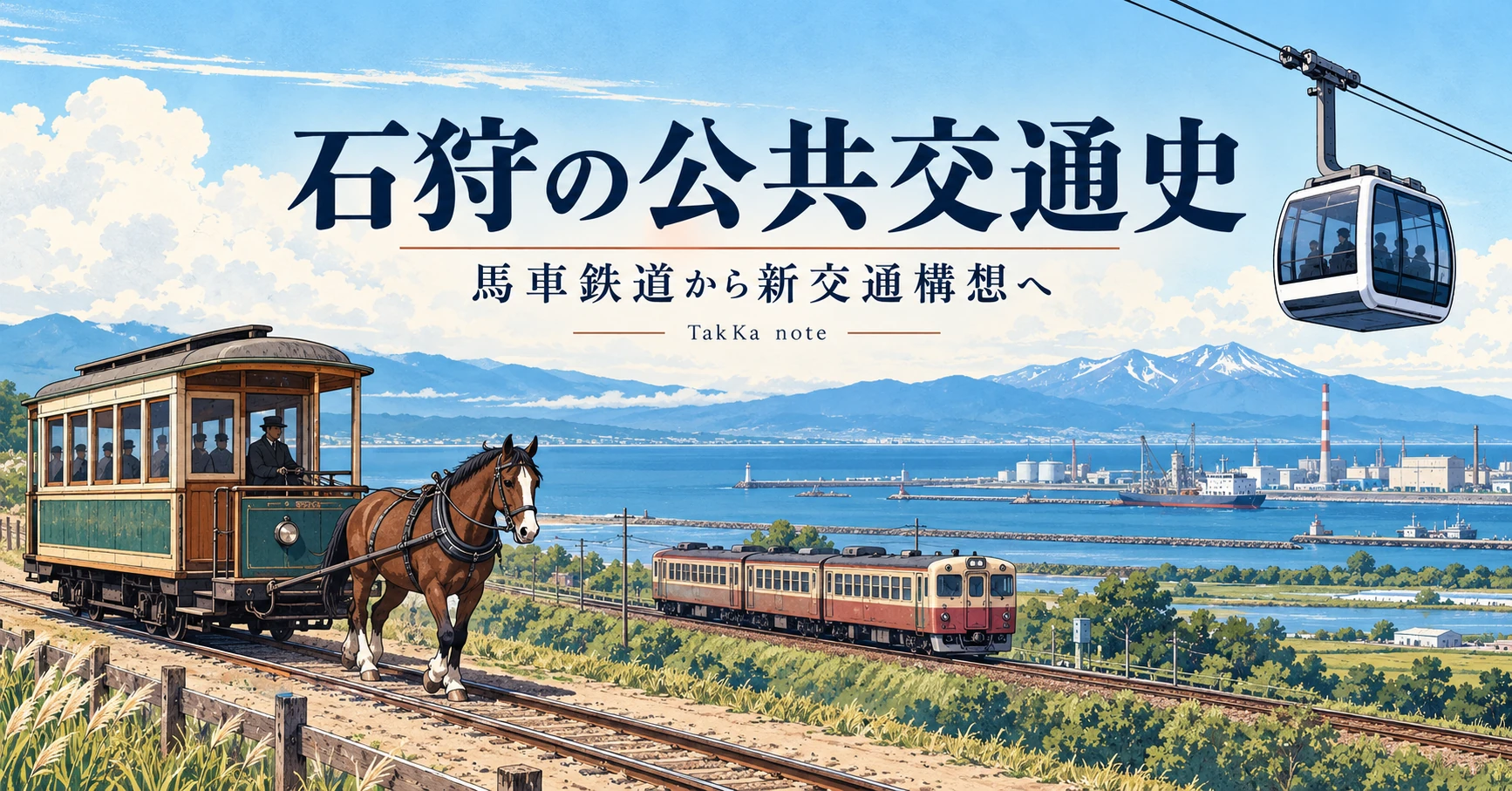馬車鉄道、鉄道、新交通構想を組み合わせた石狩の公共交通史のイラスト